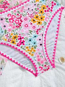 SHEIN Teen Girls Tropical Flower Print Halter Neck Bikini Swimsuit Set With Beach Skirt - Multicolor - View 4