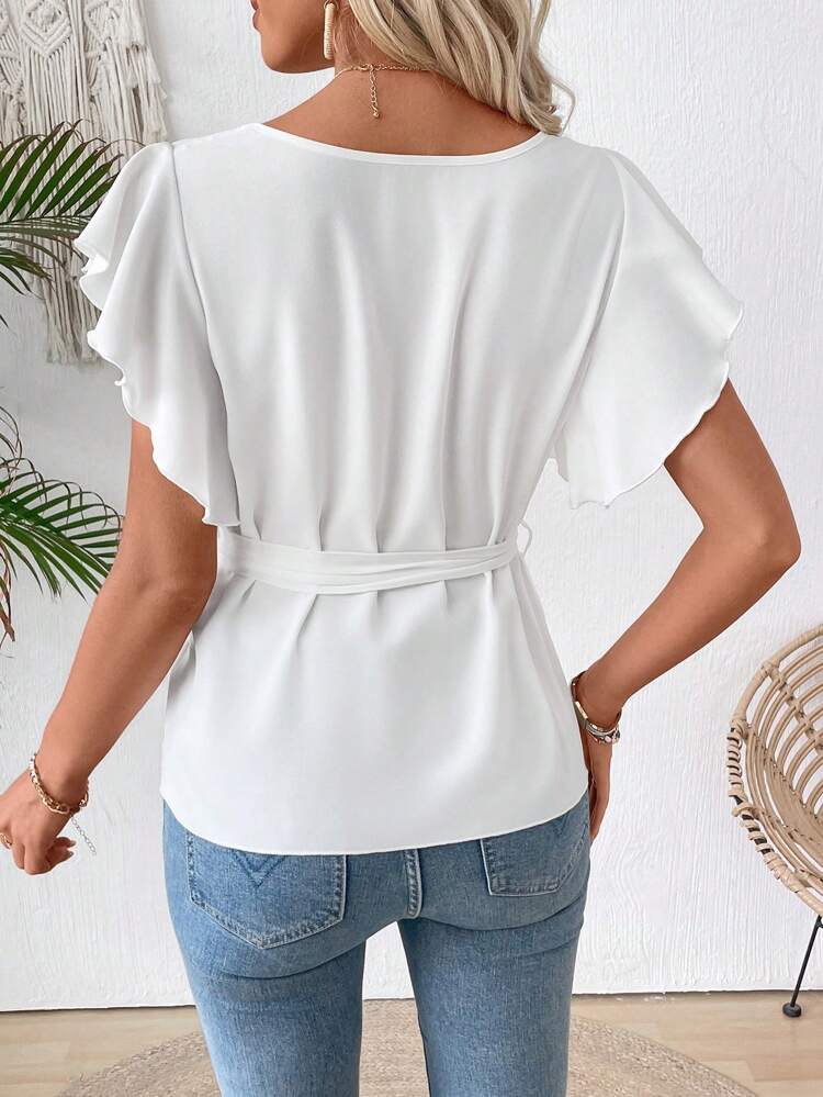 Women's Elegant Solid Color Ruffle Hem Blouse, Summer Babydoll Top Crop Tops Women  Summer Tops