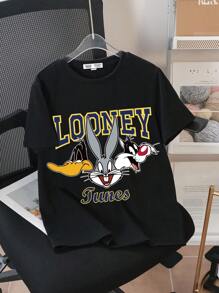 LOONEY TUNES X SHEIN Camiseta de manga corta informal con estampado de letras inglesas y gráficos de dibujos animados para niño preadolescente, cómoda para el verano