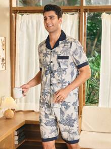 CoupledUp 男士休闲褶皱森林动物全身印花开襟睡衣套装 - 杏色 - 查看 7