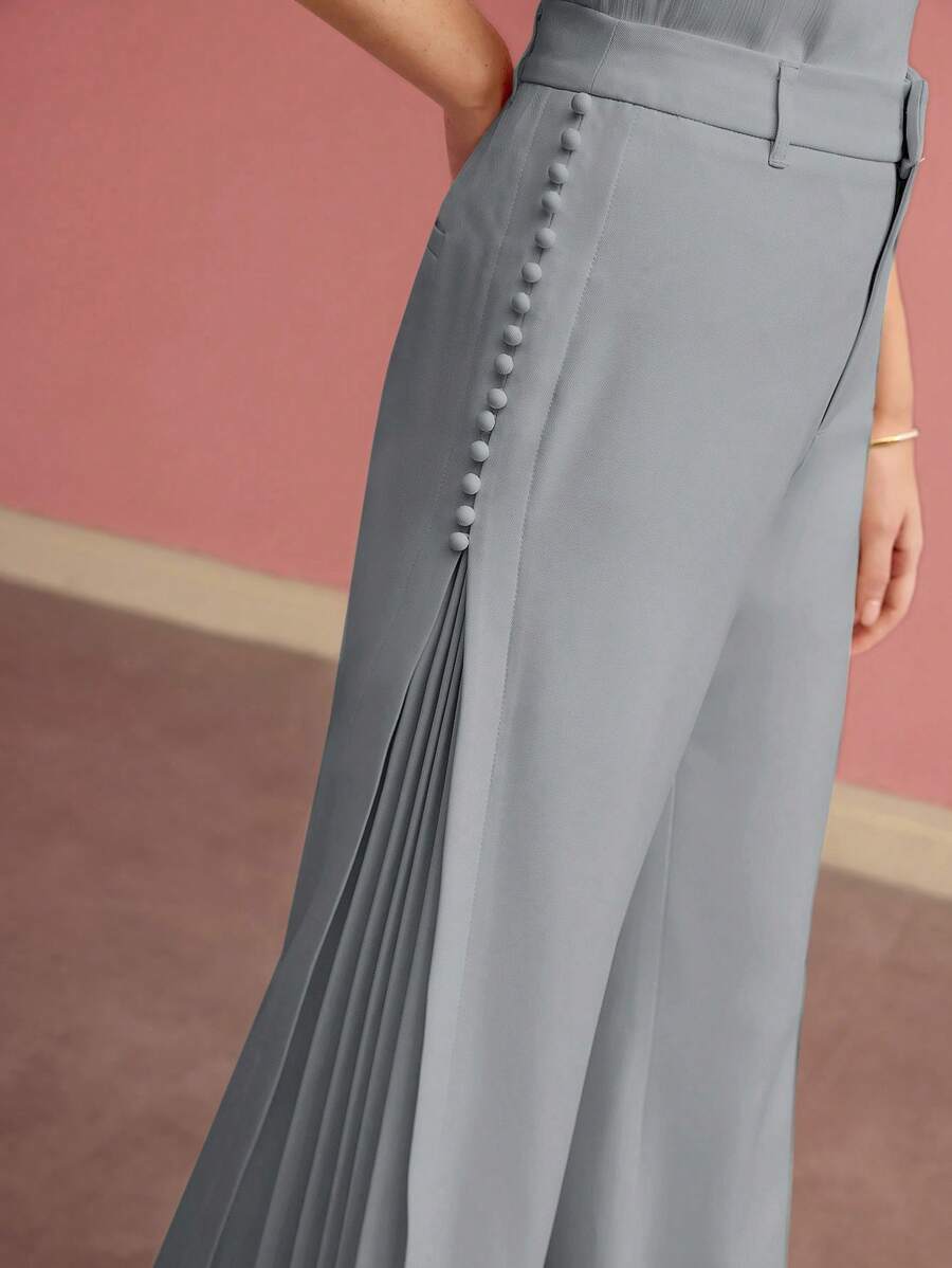 MOTF PREMIUM BUTTON DETAIL WIDE LEG PANTS - Blue - View 2