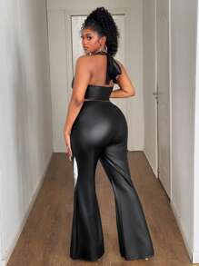 Maweii Plus Size Women PU 2 Pieces Set, Sexy Casual Stretchy Crop Top And Flared Pants - Black - View 4