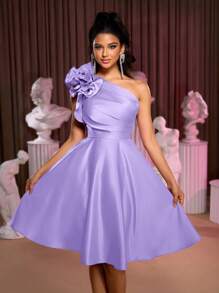 Lovelzi 女士优雅浪漫缎面不对称领口褶皱肩部夸张 3D 花卉 A 字中长连衣裙，适合正式舞会、派对、庆典、派对礼服、舞会礼服 - 淡紫色 - 查看 6