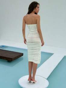 Aloruh Women's Summer Solid Color Hollow Asymmetric Hem Strapless Tube Knitted Dress - White - View 2