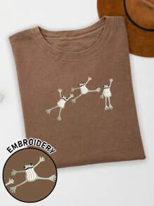 INAWLY Plus Size Frog Embroidery Short Sleeve T-Shirt, Casual Summer - Khaki - View 1