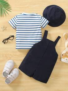 3pcs Set Baby Boys' Summer Striped Short Sleeve T-Shirt, Navy Blue Bib Shorts And Cap Outfit, Soft Casual Holiday Beach Clothing For Little Boys - White - View 2