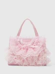 ROMWE Kawaii 时尚优雅甜美蕾丝边手提包 - 粉色 - 查看 2