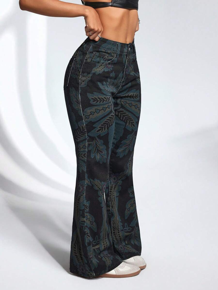 SHEIN ICON Damen Skinny Jeans mit Pflanzen Muster und Taschen, modisch - Dunkelgrau - Übersicht 1