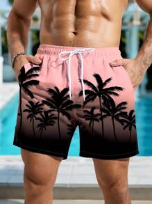 Manfinity Swimmode Men's Palm Tree Print Drawstring Waist Pockets Casual Beach Shorts Men Swim Trunks Cute Style Casual Outdoor Beach Shorts, Hawaiian BeachModeOn - Pink - View 3