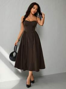 SHEIN PETITE 女士优雅纯色细肩带中长连衣裙，夏季