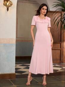 ZEYLAH Váy cổ bèo nhún dài vừa phải cho nữ - Hồng - Xem 5