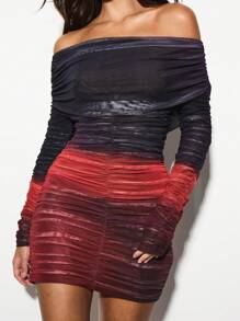 KIZN Ruched Off Shoulder Long Sleeve Mini Dress Mesh Overlay Party Club Night Out Evening Bodycon Fitted Festival Gathering - Multicolor - View 6