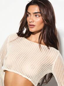 KIZN 珍珠点缀钩针编织短款毛衣，喇叭袖，波西米亚风，适合节日、度假、海滩等场合，春夏秋三季皆宜。 - 白色 - 查看 5