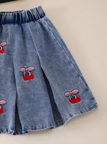 SHEIN 2 Pieces Young Girls Cute Round Neck Cherry Embroidered Sleeveless Top And Frilled Embroidered Denim Mini Skirt Set, Sweet & Playful Summer Outfit