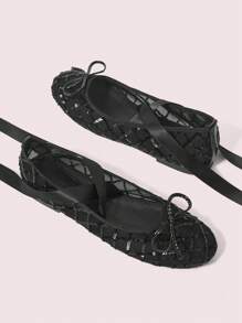 CUCCOO DOLLMOD 女士时尚优雅亮片蝴蝶结装饰平底鞋 - 黑色 - 查看 9