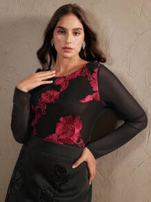 Anewsta Áo cánh mới cho mùa xuân/hè cỡ lớn, áo dài tay cổ tròn thêu hoa thanh lịch, thích hợp cho ngày lễ tình nhân, đêm hẹn hò, kỳ nghỉ ở bãi biển - Đỏ và đen - Xem 3