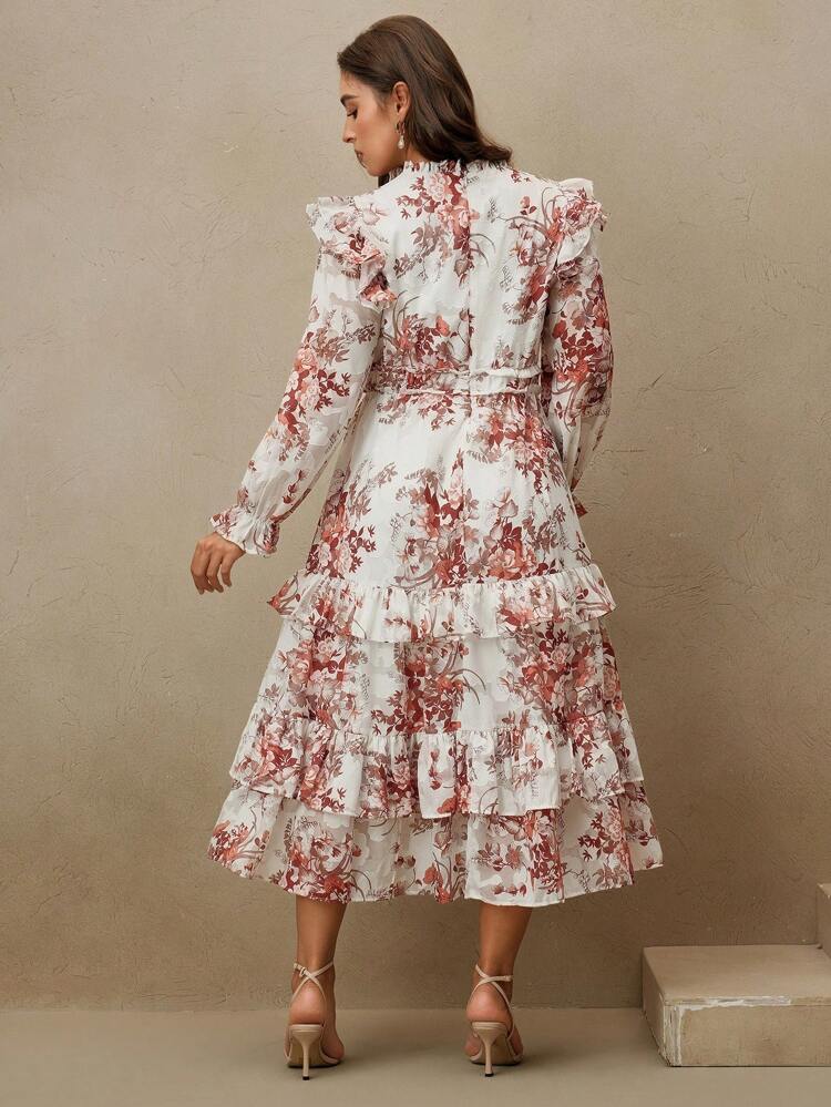 Women's Plus Size Woven Navy Blue Ruffle Edge Cake Skirt Ruffle Edge Long Sleeved Dress Floral Dress Women