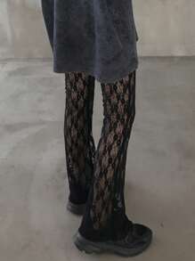 FRIFUL 女士时尚蕾丝面料紧身裤喇叭裤，透明夏季长裤 - 黑色 - 查看 5