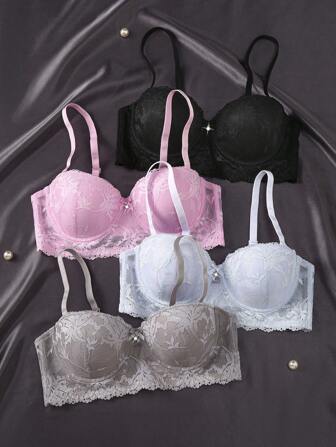 SHEIN 4件套女士浪漫蕾丝简约无缝无钢圈文胸