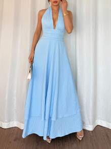 Rafferiza Đầm ôm cổ chữ V không tay buộc dây eo, kỳ nghỉ dưỡng bãi biển - Màu xanh lam - Xem 4