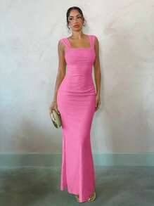 SHEIN BAE Váy dài hở lưng gợi cảm màu vàng nhạt Macaron cho kỳ nghỉ bãi biển mùa hè, thích hợp cho hẹn hò hàng ngày, đi chơi đêm, hộp đêm, tiệc tùng, tụ tập, tiệc cocktail, tiệc hồ bơi, váy ngày lễ - Hồng - Xem 3