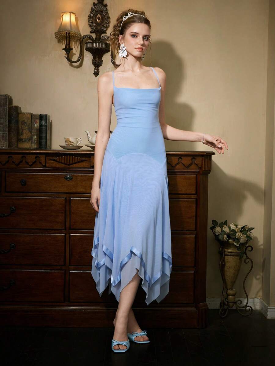 SHEIN MOD Váy suông dài ngang gối màu xanh lam cho nữ, dài vừa phải, có viền bất đối xứng - Màu xanh lam - Xem 1