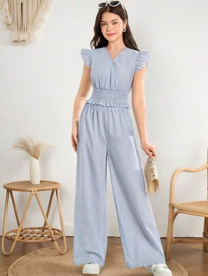 SHEIN Teen Girls 2pcs Set: Comfortable Woven Blue And White Striped Cap Sleeve Blouse And Elastic Waist Wide Leg Pants, Casual Daily Wear, Beach/Resort Vacation