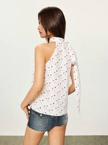 INAWLY Women's Elegant Polka Dot Print Tie Neck Sleeveless Top, Summer - Apricot - View 6