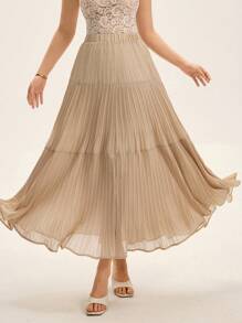 Aveloria Rosie Elegant French Design 3-Tier Pleated A-Line High-Waisted Casual Versatile Women's Skirt Fall Cloth For Women - Beige - View 4