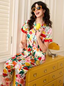 可爱水果和花朵印花缎面女士睡衣套装节日季