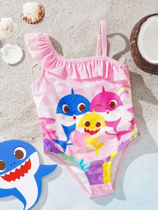 BABY SHARK X SHEIN Baby Girls Asymmetrical Neckline Cartoon Shark Pattern One-Piece Swimsuit