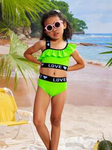 Young Girls Asymmetrical Ruffled Bikini Swimsuit Set - Green - View 1