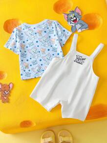 TOM & JERRY X SHEIN Baby Boy Cartoon Pattern Blue Cute & Funny Short Sleeve T-Shirt And Cute Bib Overalls Set