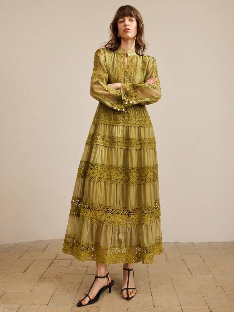 2025 Summer Women's Dresses Suitable For 4th Of July, 's Day, Beach, Vacation, Graduation, Office, Beach Party, Fashion Middle East Style Contrast Lace Long Sleeve Elegant Dress