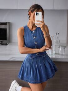 SHEIN PETITE 女式纽扣前褶下摆无袖牛仔连衣裙，时尚 - 藍色 - 查看 7