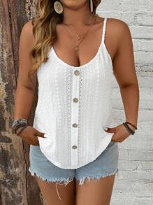 Breezaya Plus Size Hollow Embroidery Front Button Sleeveless Camisole Top, Summer Casual - White - View 3