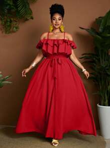 Maweii Plus Size Women's Red Ruffled Off-Shoulder Short Sleeve Dress With Flared Skirt - Red - View 5