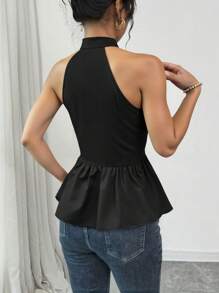 SHEIN Clasi Women's Casual Holiday Butterfly Decor Half-Placket Ruffled Hem Peplum Top - Black - View 2