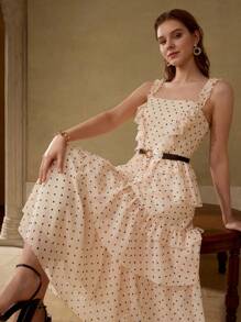 MOTF PREMIUM POLKA DOT PRINT RUFFLE TRIM SPAGHETTI STRAP MID-LENGTH DRESS - Champagne - View 3