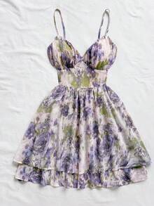 Soleia 女士浪漫粉色花卉印花雪纺度假连衣裙，V 领，褶饰，露背，A 字迷你连衣裙，适合派对、约会、情人节、下午茶 - 彩色 - 查看 3