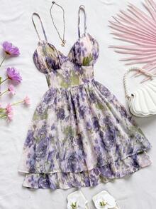 Soleia 女士浪漫粉色花卉印花雪纺度假连衣裙，V 领，褶饰，露背，A 字迷你连衣裙，适合派对、约会、情人节、下午茶 - 彩色 - 查看 7