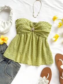 Soleia Women's Lime Green Summer Boho Beach Holiday Vacation Woven Cutout Textured Bandeau Top,Starfish Button Accent Ruffle A-Line Cinched Waist Blouse - Green - View 3