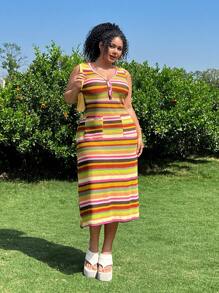 SHEIN EZwear Vestido casual de vacaciones con botones delanteros tallas grandes - Multicolor - Ver 3