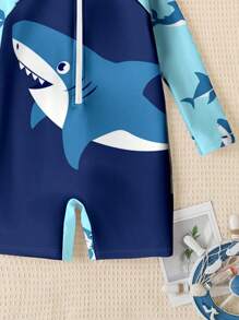 Young Boy Casual Slim Fit Shark Print Round Neck Long Sleeve One-Piece Swimsuit, Suitable For Summer