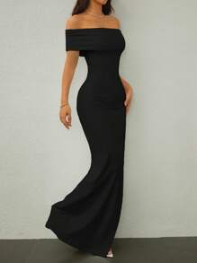 SHEIN Tall Off Shoulder Women's Long Dress With High Slit, Light Dress, Elegant, Wedding Season, Sexy Style - Black - View 6