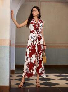 ZEYLAH Vacation Elegant Floral Print Pleated Midi Dress - Multicolor - View 7