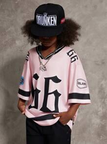 Coolane Kids 青少年春夏条纹拼接数字印花短袖T恤，休闲日常穿着，图案T恤，图案T恤 - 粉色 - 查看 2