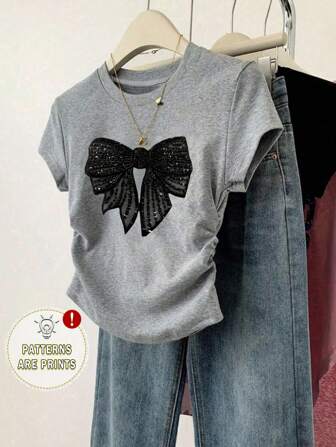 Summer Girls Fashionable Casual Faux Patch Embroidery & Sequin Butterfly Print Elastic Ruched Waist Short Sleeve T-Shirt, Suitable For Outings, Gatherings And Daily Wear