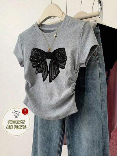 Summer Girls Fashionable Casual Faux Patch Embroidery & Sequin Butterfly Print Elastic Ruched Waist Short Sleeve T-Shirt, Suitable For Outings, Gatherings And Daily Wear