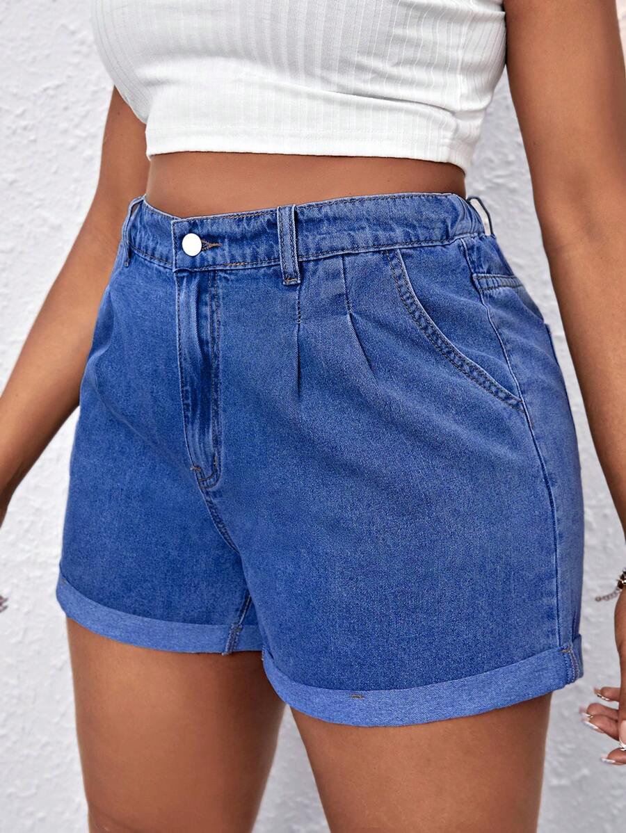 Slaydiva Plus Size Plain Pleated Pocket Design Casual Summer Denim Shorts - Dark Wash - View 1